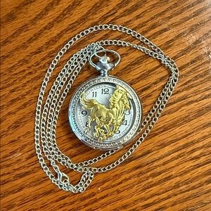 Silver and Gold Horse Pocket Watch with Chain
